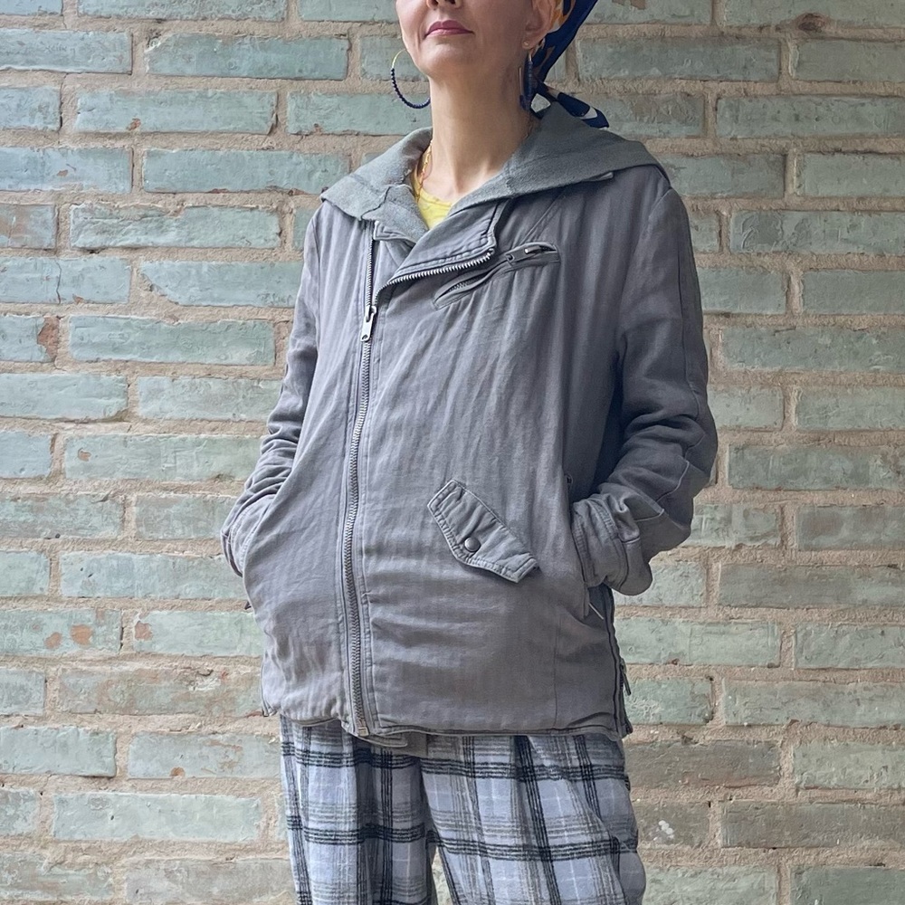 Free People Coat Army Khaki Green Double Layered Hoodie Oversize Moto Jacket